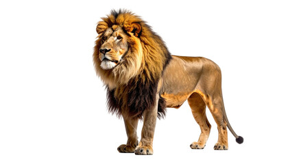 Majestic male lion stands, full mane, powerful gaze