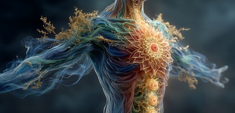 Human silhouette with chakra points labeled for mindfulness and energy balance