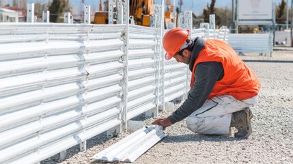 A construction worker wearing a bright orange hard hat, reflective safety vest, and work clothes