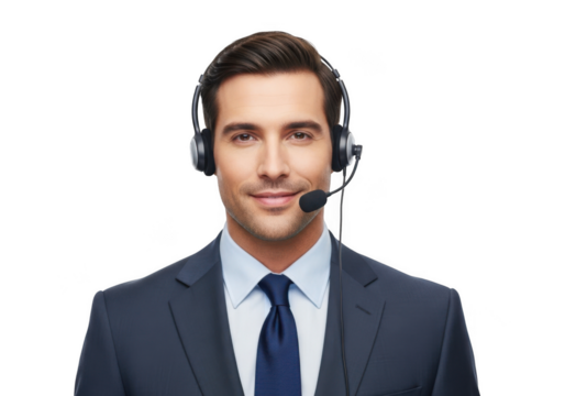 Professional businessman wearing a headset and suit ready to assist with customer service or technical support isolated on transparent background