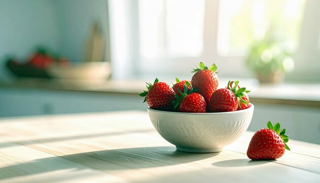 A white bowl filled with ripe strawberries sits on a wooden surface, with a single strawberry placed beside it, illuminated by natural light.