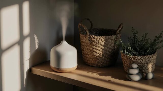 Aromatherapy diffuser with natural elements in soft morning light