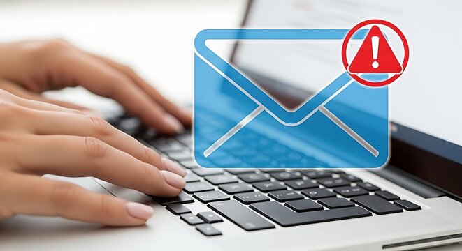Email security alert: laptop user with warning symbol on a message