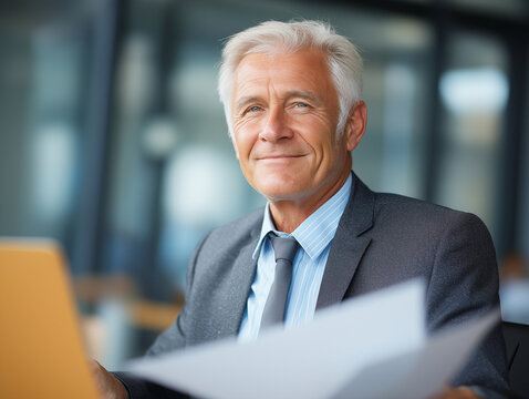 Smiling senior businessman in suit looking at camera with papers and laptop on desk