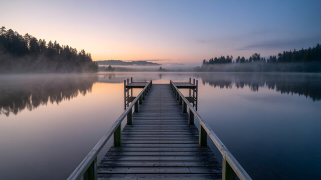 Peaceful Lake Pier at Sunrise – Tranquil Water, Misty Morning & Scenic Reflection