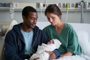 Happy diverse parents embracing their newborn baby in a hospital room after successful delivery