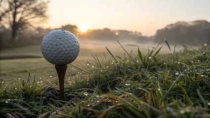 A pristine white golf ball rests upon a wooden tee in a misty sun drenched field of dew kissed grass at dawn