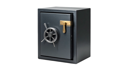 Secure strongbox, with handle, dial. Dark, against black bg