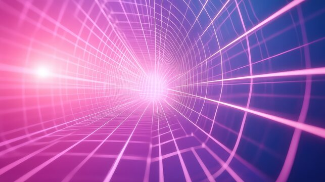 Neon wireframe grid tunnel creating futuristic vortex background - Powered by Adobe