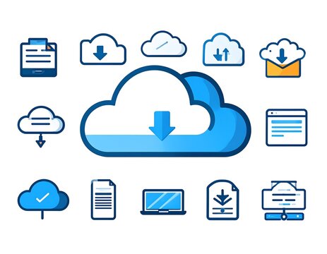 Collection of stylized cloud and data icons representing downloads and data transfer