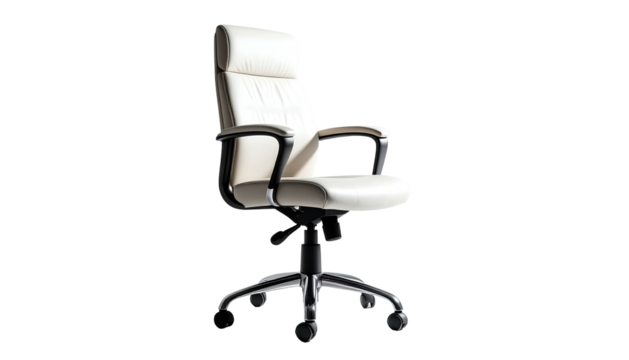 Cream office chair on black with a chrome base and armrests