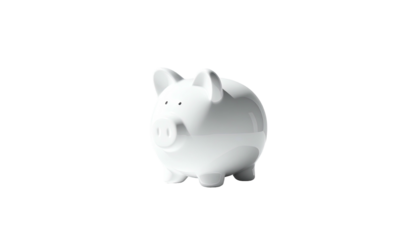 Solitary white piggy bank centered on stark, black background