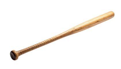 Wooden baseball bat with grip, angled on black background