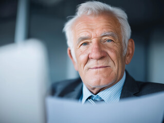 Portrait of an experienced businessman with white hair, looking thoughtfully at documents.