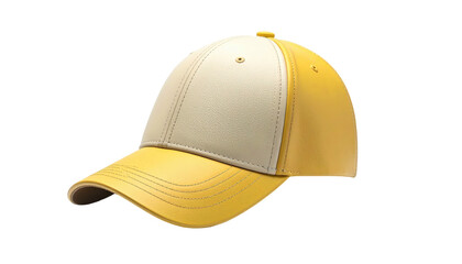 Fototapeta premium Two-tone yellow & white baseball cap, clean design on black background. Smooth, simple, photorealistic look
