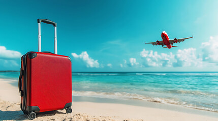 Banner of suitcase on the beach on the flying plane background, travel vacation background