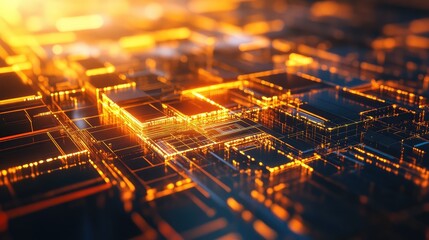 Digital circuit board network with glowing data lines