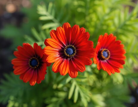 Close up shot shows Adonis Annua with red petals and blue center. These flowers are in full bloom. They stand out against green foliage in Germany garden.