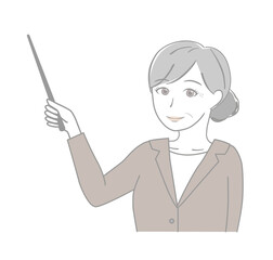 指示棒を持つスーツのシニア女性