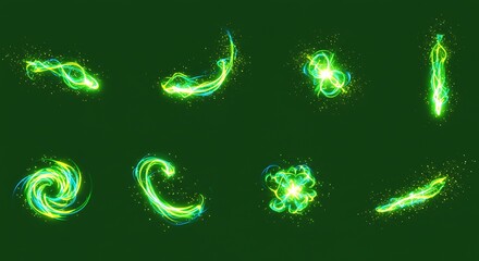Collection of stylized energy swirls and sparkles, various shapes, vivid green hues