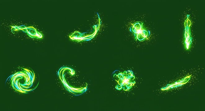 Collection of stylized energy swirls and sparkles, various shapes, vivid green hues