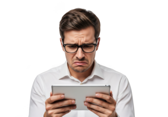 Frustrated businessman wearing glasses holding a digital tablet device with a concerned expression isolated on transparent background