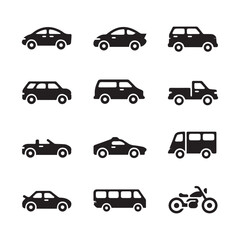 Diverse Transportation Icons for Cars, Trucks, Motorcycles, and Public Transit Vehicles. 