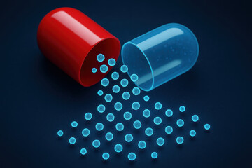 Bright red and transparent blue capsules spill vibrant blue pills onto dark surface, creating striking visual. This medical imagery highlights importance of medication in health and wellness