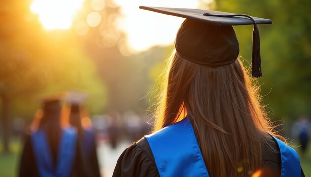 Young female graduate wears academic cap, gown. Students in background. Looks towards bright sunny future, new beginnings after college. University students celebrate education success, academic
