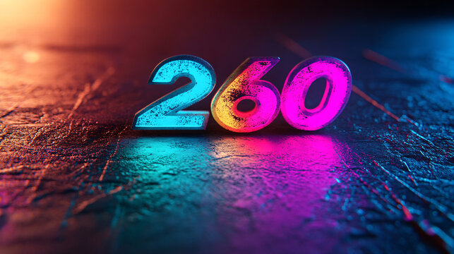 Vibrant 260 number art glowing with neon blue pink and yellow light, perfect for a futuristic promotion or sleek modern technology concept