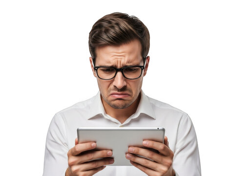 Frustrated businessman wearing glasses holding a digital tablet device with a concerned expression isolated on transparent background