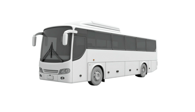 White bus angles right against black background. Clean design