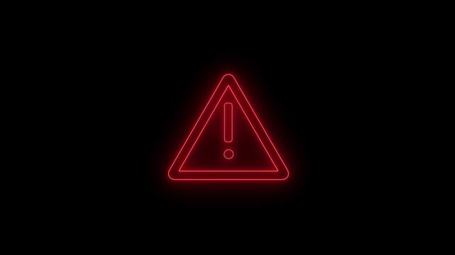 Animation of glowing neon red color warning attention icon. Warning triangle sign. Alert , risk , safety, danger road warning sign. Danger error icon animation on black background.