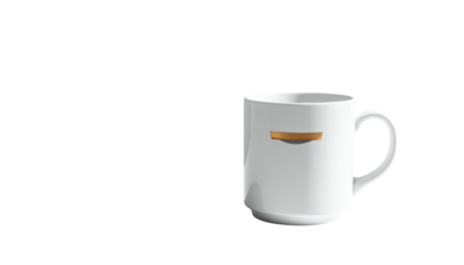 White ceramic mug with a small wooden accent on black