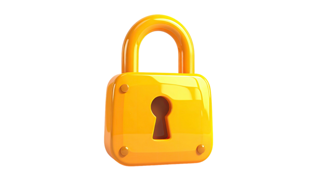 Glossy golden padlock with keyhole on a transparent background