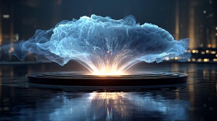 Dynamic energy cloud erupting with vibrant light over a reflective surface, representing innovation and futuristic concepts for a bold visual statement