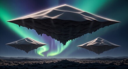 Mysterious Floating Pyramid Islands Under an Aurora Borealis Sky.