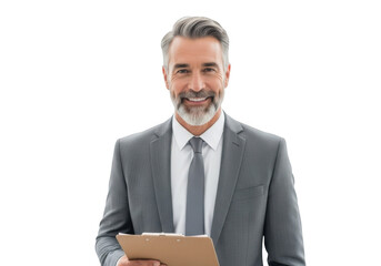 Smiling middle aged businessman with graying beard and stylish haircut holding a clipboard isolated on transparent background
