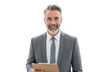 Smiling middle aged businessman with graying beard and stylish haircut holding a clipboard isolated on transparent background