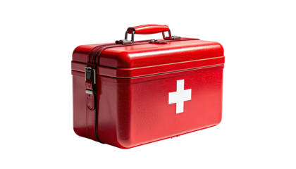 Shiny red first aid kit with white cross