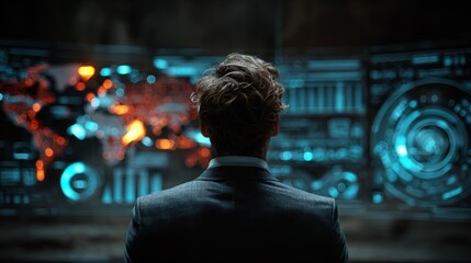 Professional businessman analyzing global data on interactive screens, visualizing network connections and international business strategies