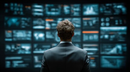 Professional businessman analyzing data on large digital screen, visualizing complex information, strategic planning, modern technology
