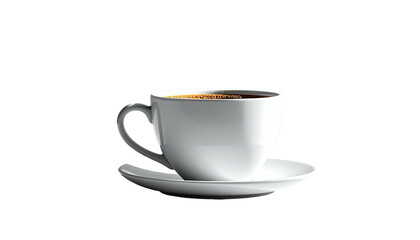 White cup filled with dark liquid on a white saucer, isolated