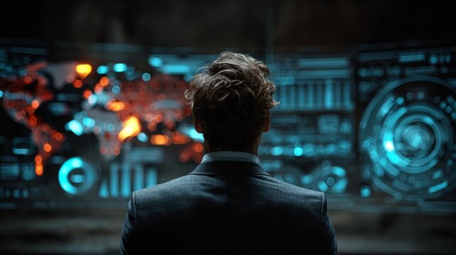 Professional businessman analyzing global data on interactive screens, visualizing network connections and international business strategies