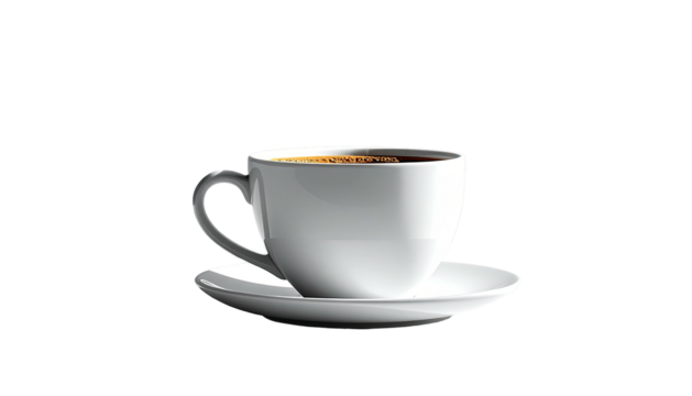 White cup filled with dark liquid on a white saucer, isolated