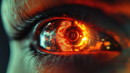 Close up of bionic cyborg eye with glowing digital patterns