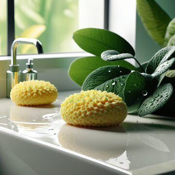 Escena bot&aacute;nica fresca en lavabo con gotas de agua, hojas verdes y esponjas naturales
