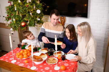 Family celebration. Joyful family reunion around beautifully decorated table for festive Christmas dinner, Thanksgiving. Concept of holidays, warm family celebrations