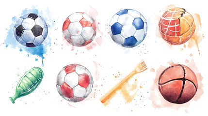 Watercolor ball sports design set.