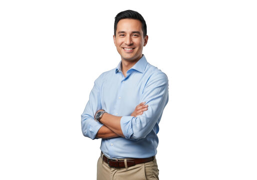 A smiling man with arms crossed wearing a light blue collared shirt and tan pants isolated on transparent background - Powered by Adobe